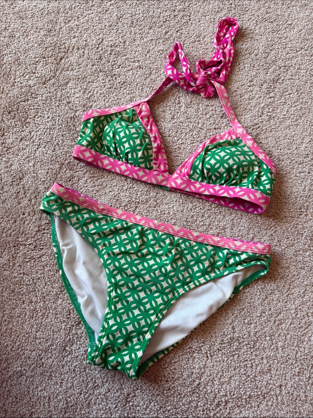 Boden Green Pink Geometric Pattern Swim Bikini Top and Bottoms